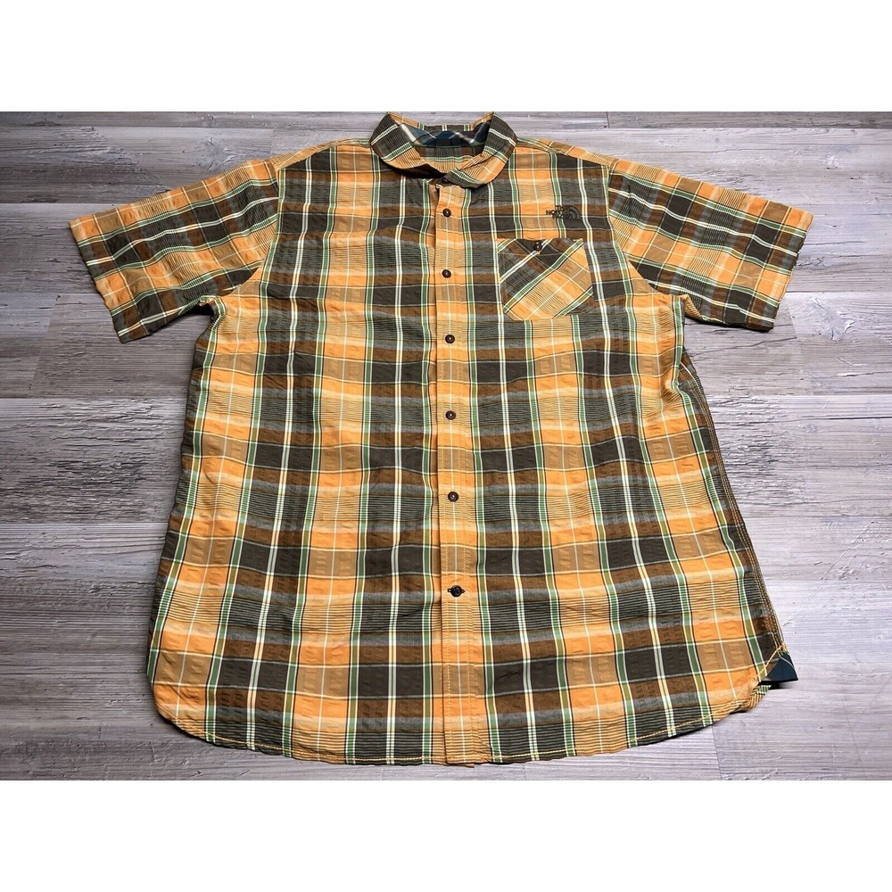 The North Face Mens Plaid Button Up Shirt M Orange Hiking Nylon Short Sleeve